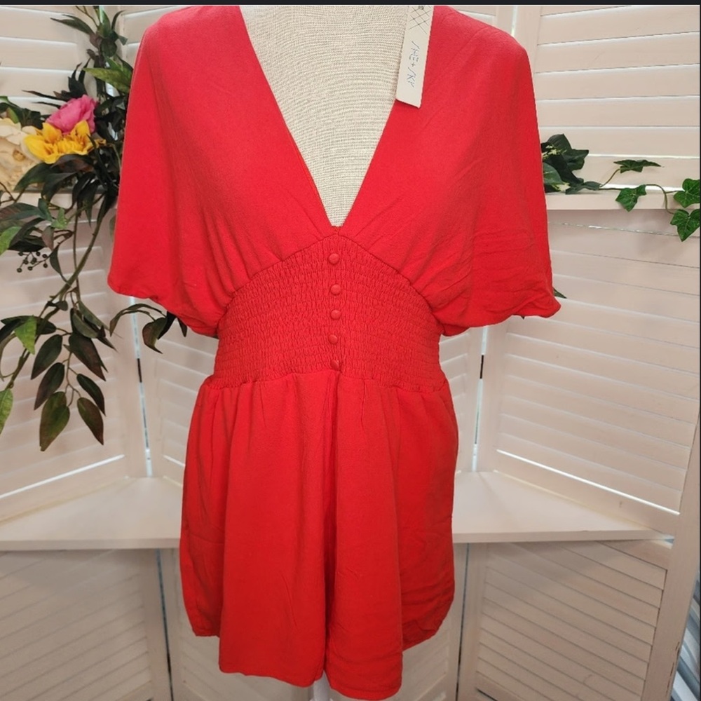 Red V-Neck smocked Romper